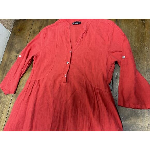 Francesca Bettini Dress Small Red Linen Blend Italy 3/4 Roll Tab Sleeve Boho - Picture 3 of 14